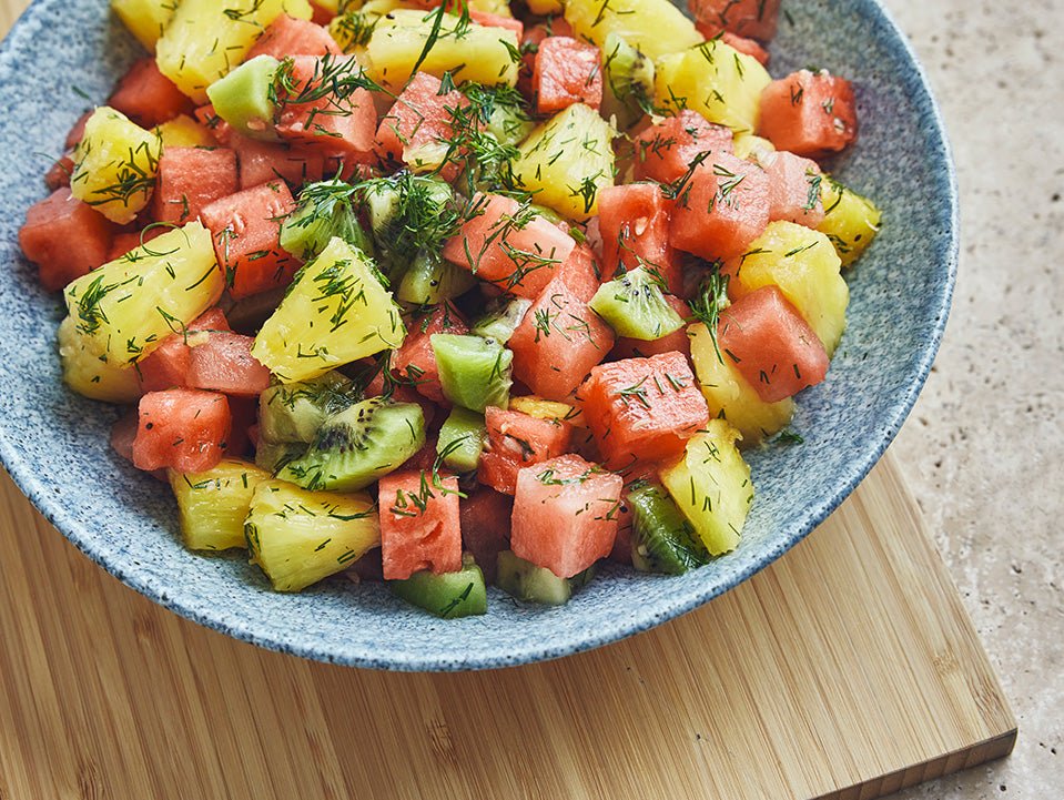 Salade de fruits de saison, huile d'olive et aneth - Les Cuistots Migrateurs